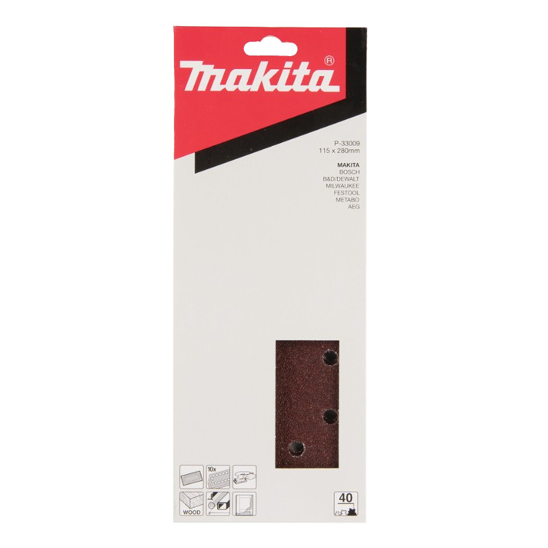 Feuilles rectangulaires abrasives 115x280 mm - 5 + 5 + 2 + 2 trous - P33009 Makita Feuilles rectangulaires abrasives 115x280 mm - 5 + 5 + 2 + 2 trous - P33009 Makita
