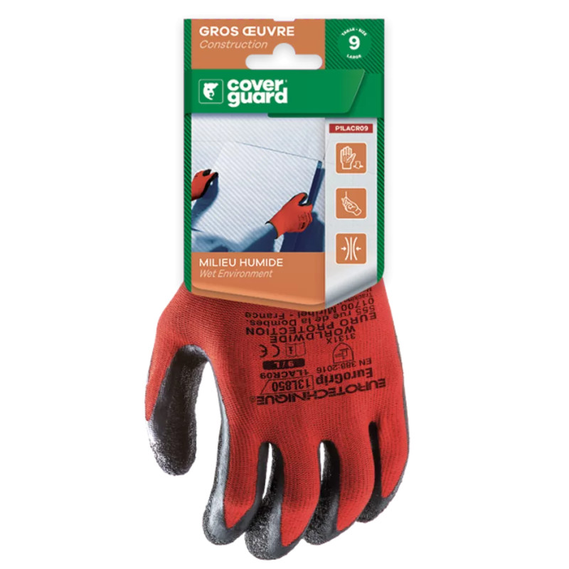 Gants EUROLITE 13L850 J13 PE rouge end. latex noir *CAR* - Taille 10 Coverguard